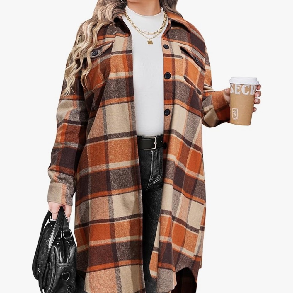 Womens Plus Size Flannel Plaid Shirts Long Sleeve Shacket